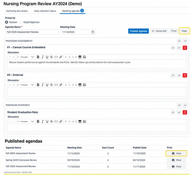Meeting agenda editor and published agendas