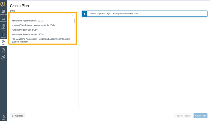 The Cycle dropdown menu showing available assessment cycles to select from