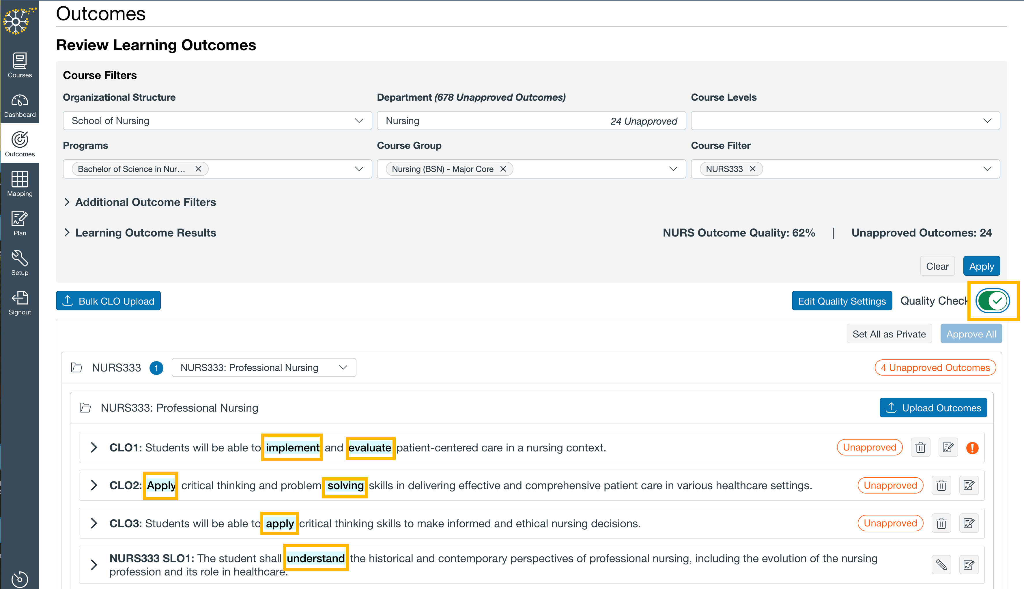 How do I view and manage course learning outcomes in Insights?